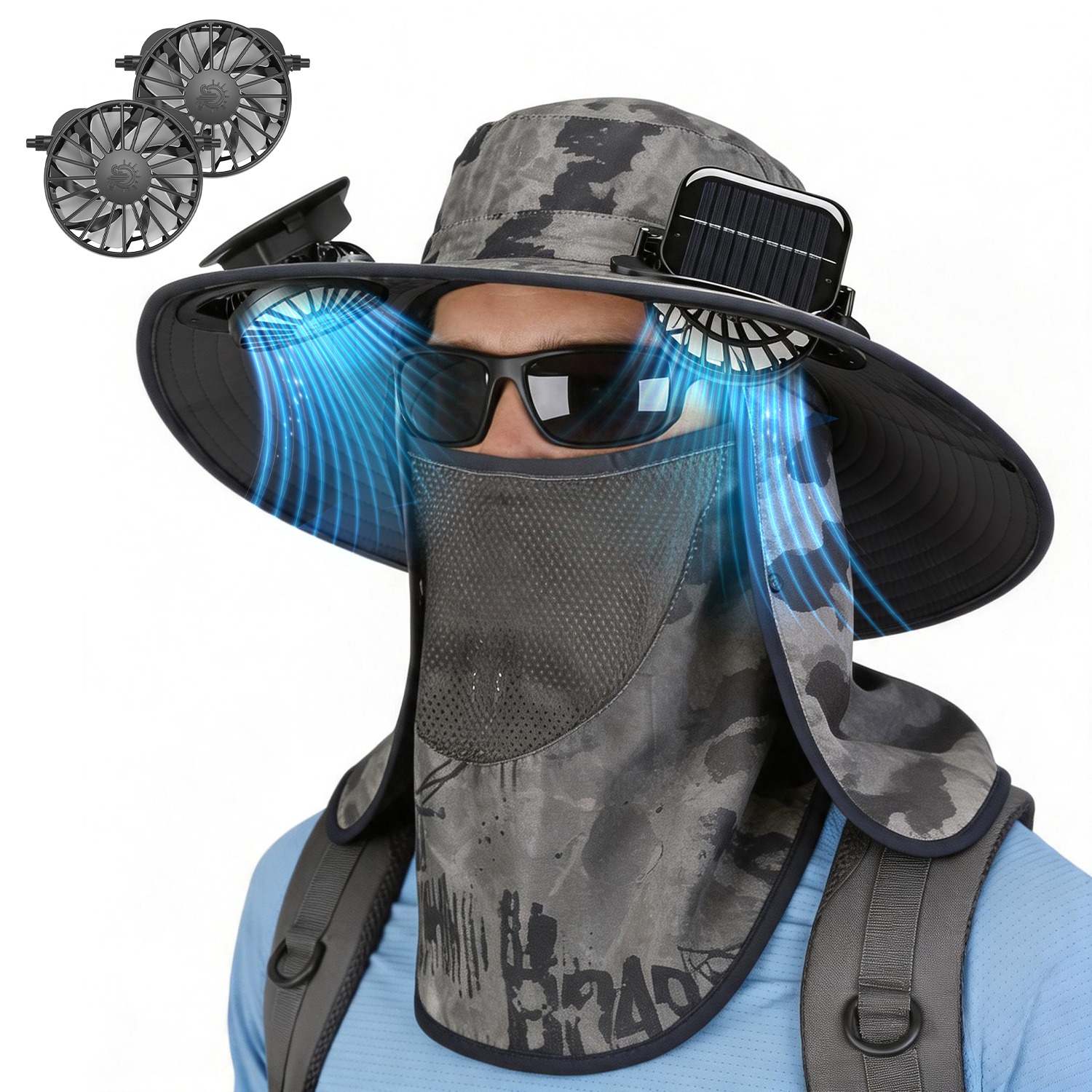 1Pc 2 In 1 Solar Fan Hat UPF50 Sun Hat With Fans Wide Brim Fishing Hat With Face Cover Neck Flap Solar USB Charging For Hiking Gardening Outdoor Work - View 7
