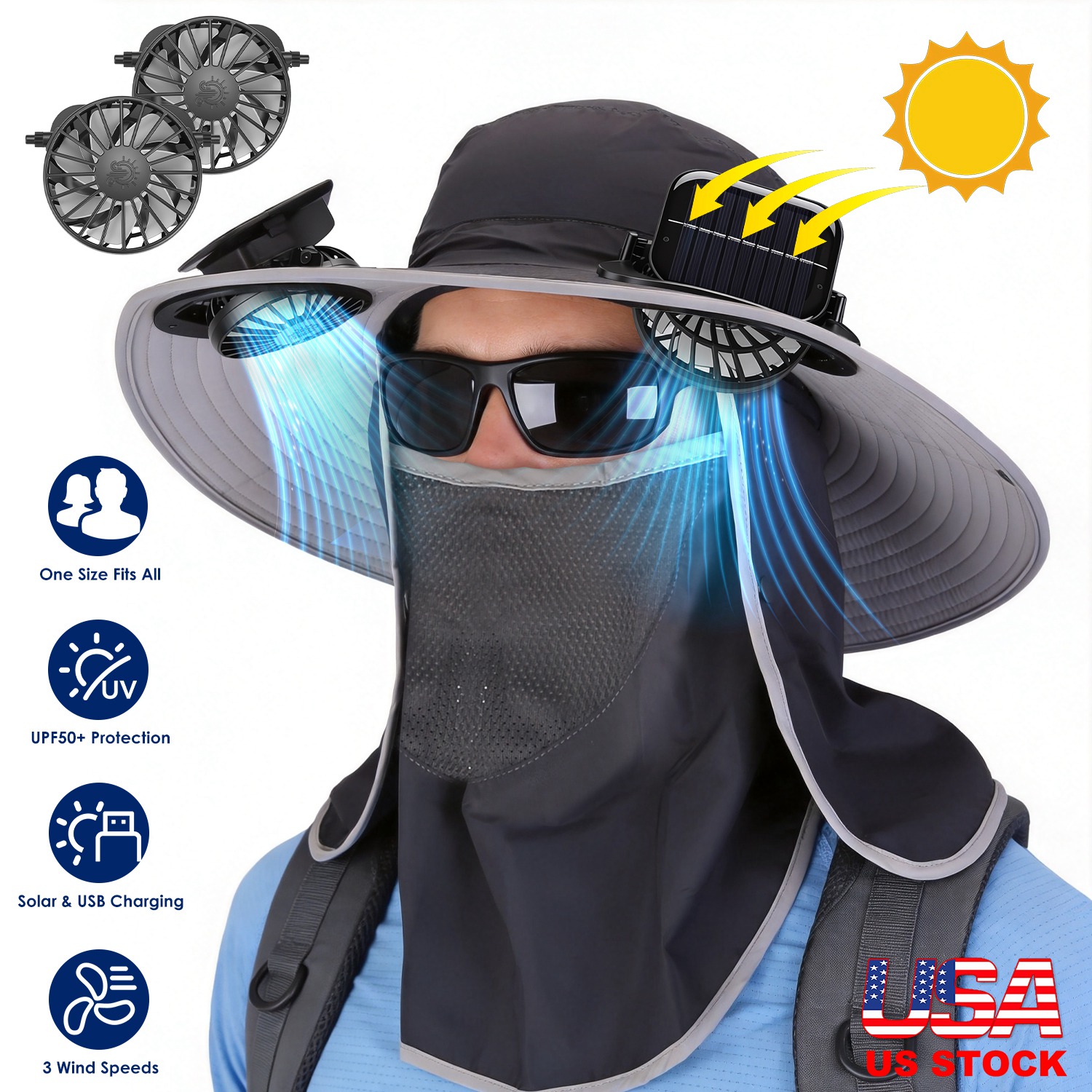 1Pc 2 In 1 Solar Fan Hat UPF50 Sun Hat With Fans Wide Brim Fishing Hat With Face Cover Neck Flap Solar USB Charging For Hiking Gardening Outdoor Work - View 8