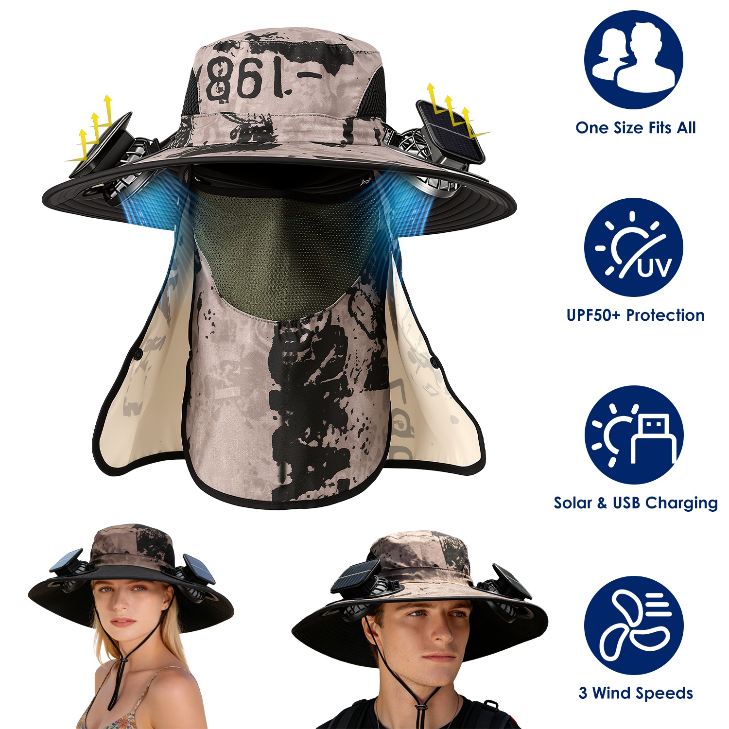 1Pc 2 In 1 Solar Fan Hat UPF50 Sun Hat With Fans Wide Brim Fishing Hat With Face Cover Neck Flap Solar USB Charging For Hiking Gardening Outdoor Work - View 9