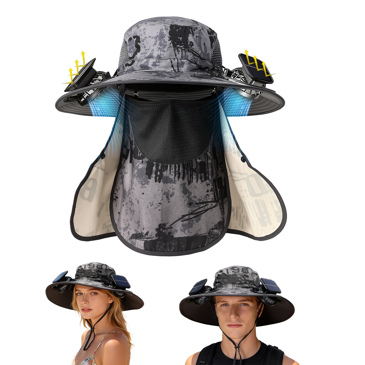 1Pc 2 In 1 Solar Fan Hat UPF50 Sun Hat With Fans Wide Brim Fishing Hat With Face Cover Neck Flap Solar USB Charging For Hiking Gardening Outdoor Work - View 2