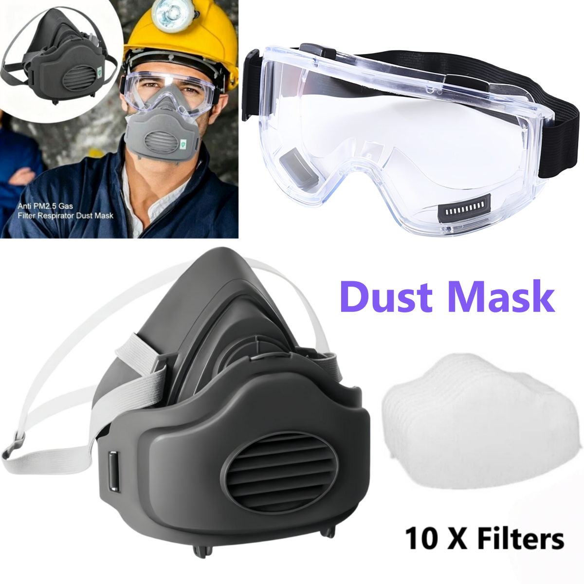 Half Face Respirator Gas Mask Facepiece Spray Painting Safety Glasses For 3200 With 10 Replaceable Filters And Anti-fog Goggles - View 7