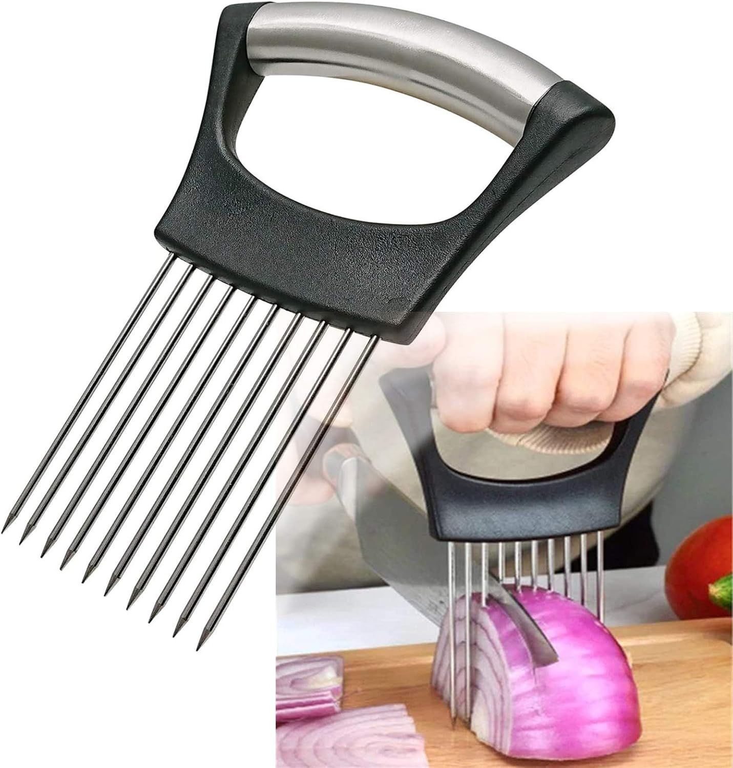 Stainless Steel Onion Holder For Slicing, Onion Slicer Guide, Kitchen Cutting Gadget For Safe Vegetable Slicing & Food Preparation - View 1