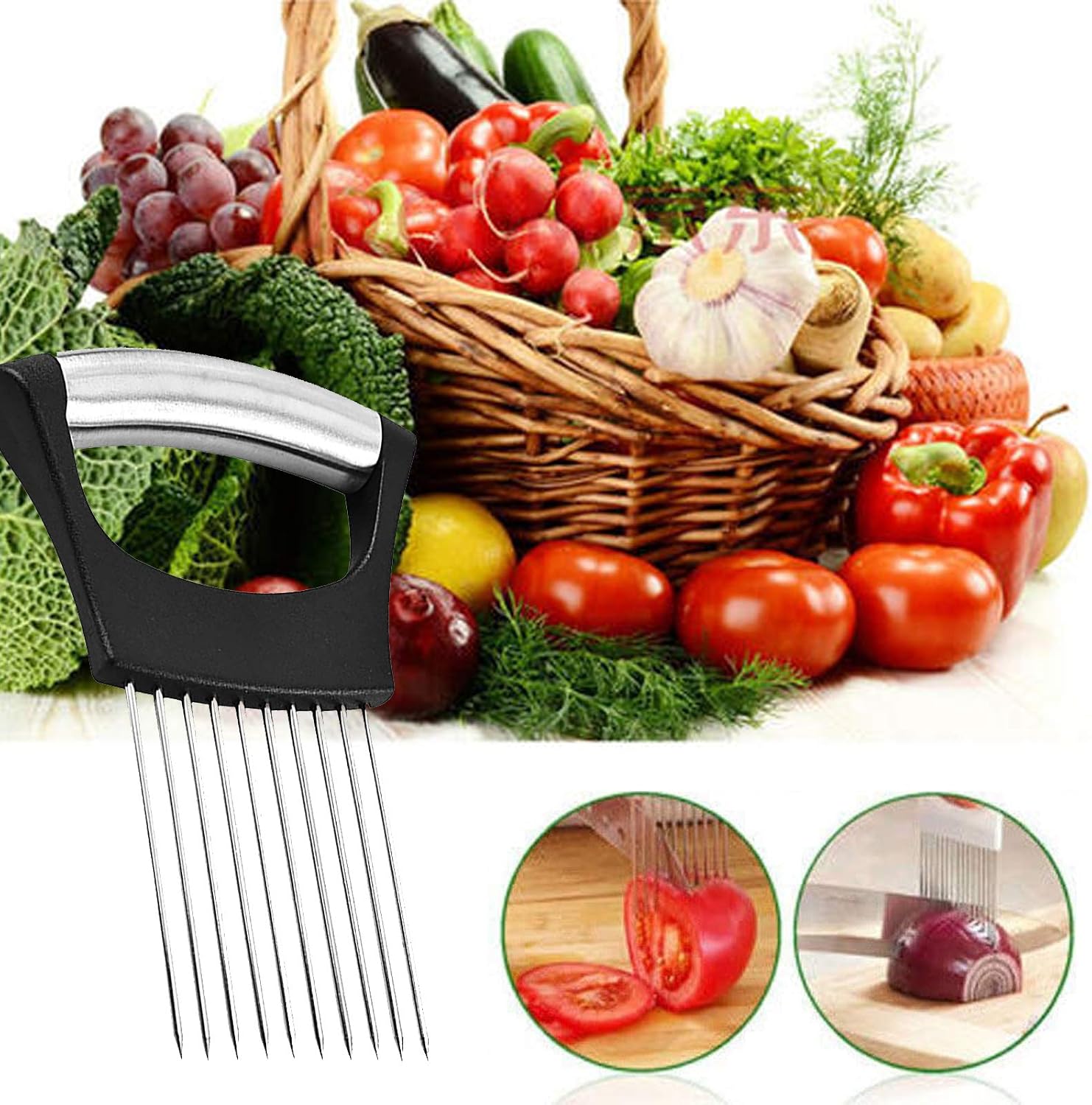 Stainless Steel Onion Holder For Slicing, Onion Slicer Guide, Kitchen Cutting Gadget For Safe Vegetable Slicing & Food Preparation - View 5
