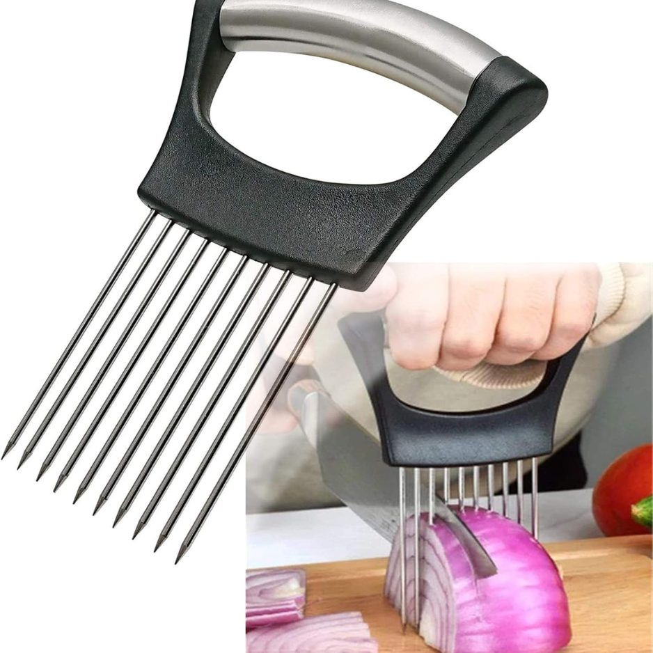 Stainless Steel Onion Holder For Slicing, Onion Slicer Guide, Kitchen Cutting Gadget For Safe Vegetable Slicing & Food Preparation
